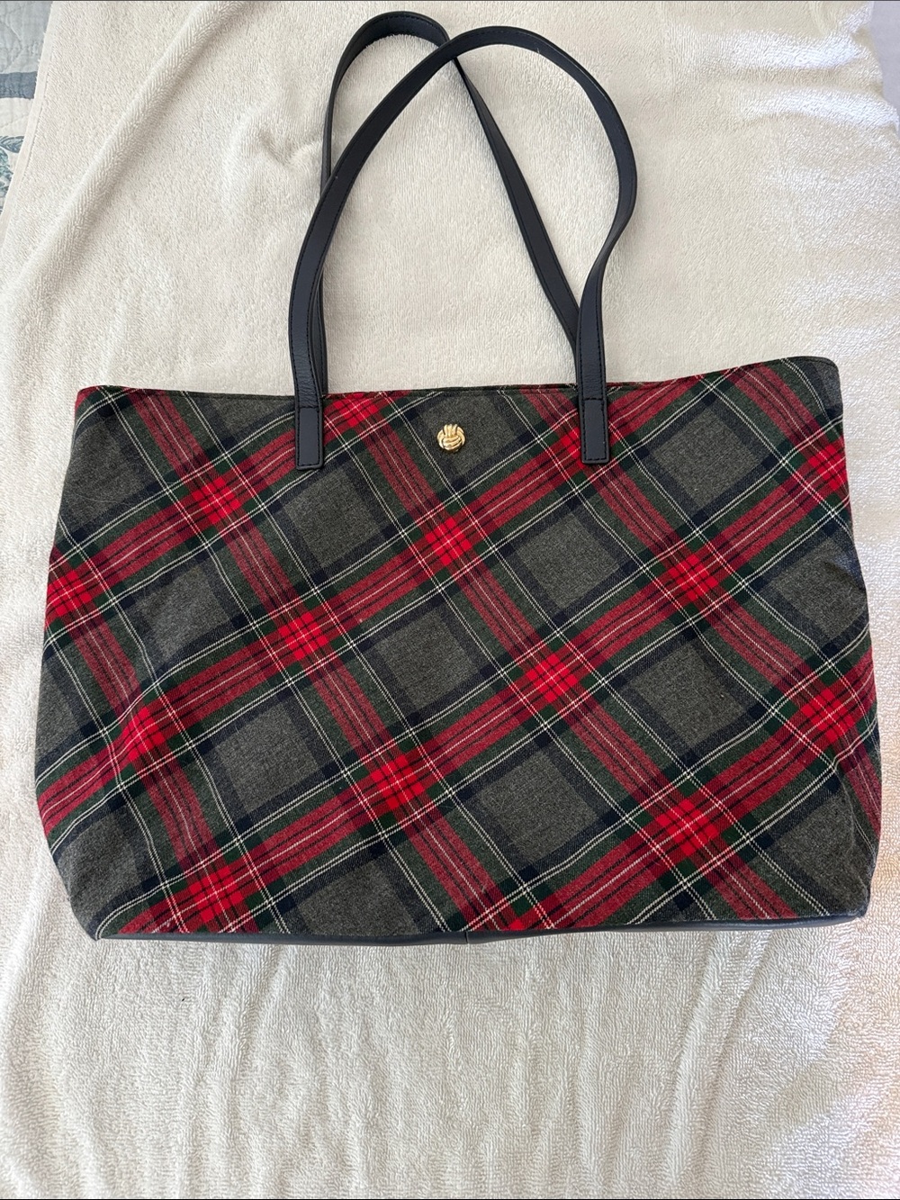 Tartan Plaid Tote Bag with Blue Handles - Red & Green
